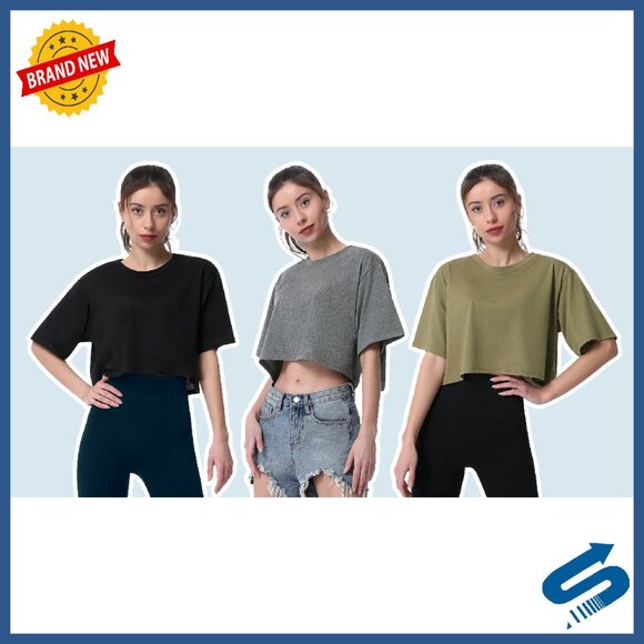 Women's Cotton Crop T-Shirts 4-Pack Short Sleeve Athletic Yoga Tees - Picture 8 of 8